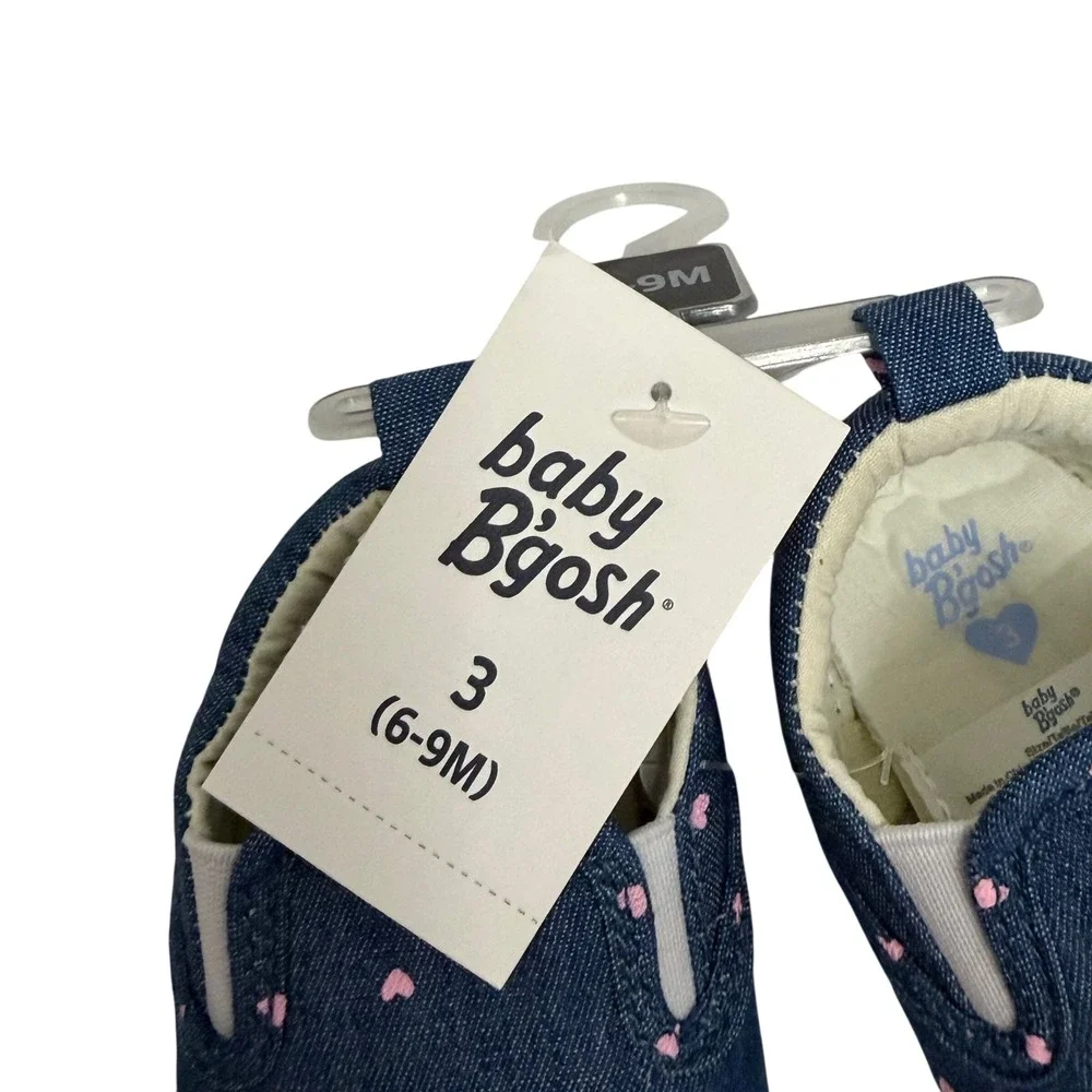 Baby Bgosh Girls Blue Denim Pink Heart Slip On Crib Shoes Size 3 6-9M NEW